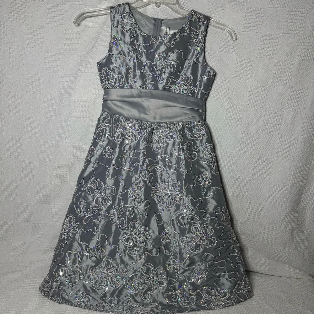 Rare Editions Silver Gray Floral Pattern Sequin Party Dress Girls‎ Sz 12 Wedding